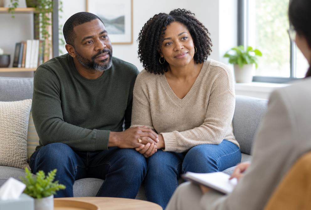 A couple holding hands and listening together during counselling