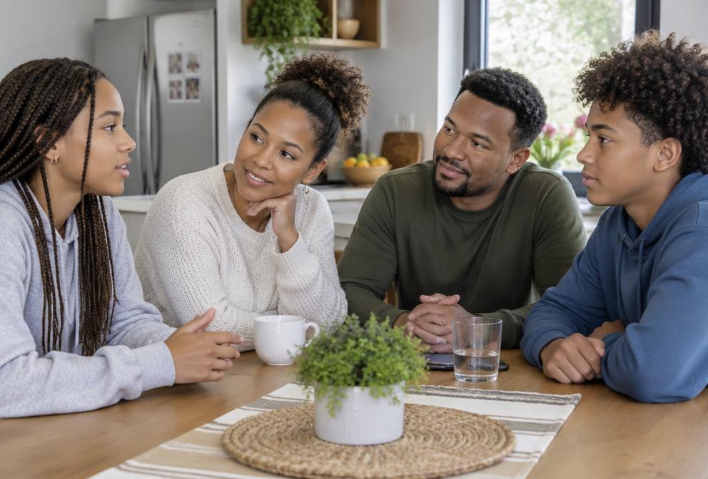 Parents listening to their teenagers in a warm family conversation