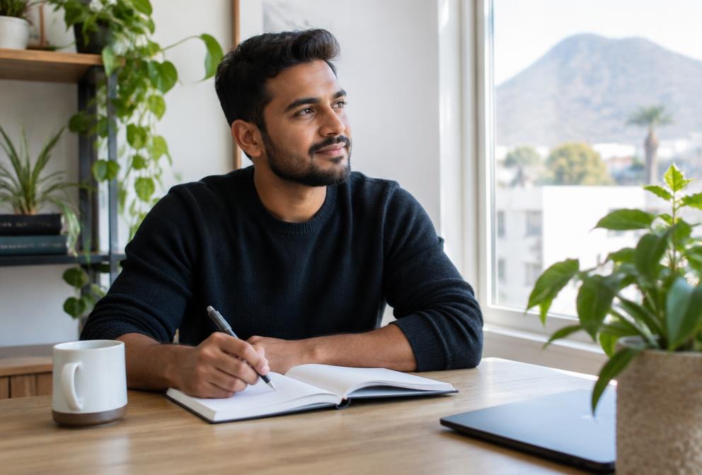 A man reflecting and setting intentions in his journal