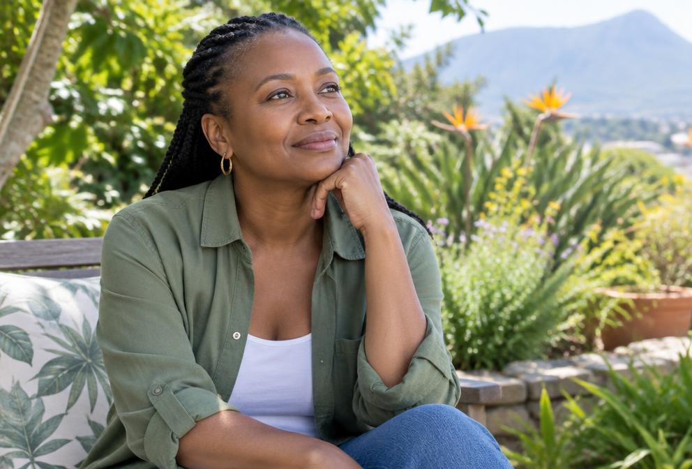 A woman reflecting with confidence in a peaceful garden