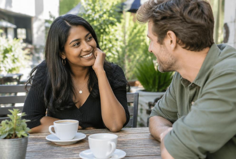A couple enjoying an attentive conversation at an outdoor café