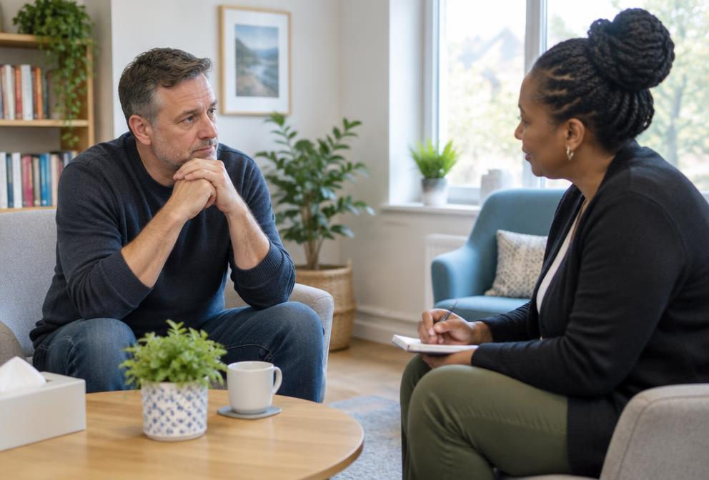 A man receiving compassionate support during a life transition