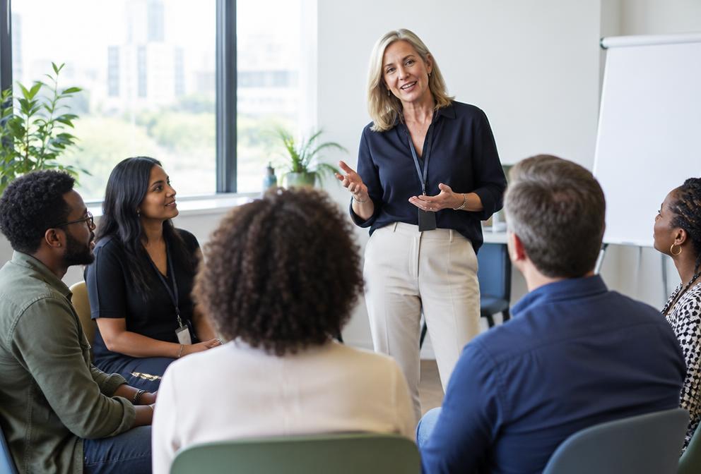 A facilitator leading a workshop with a diverse group of adults